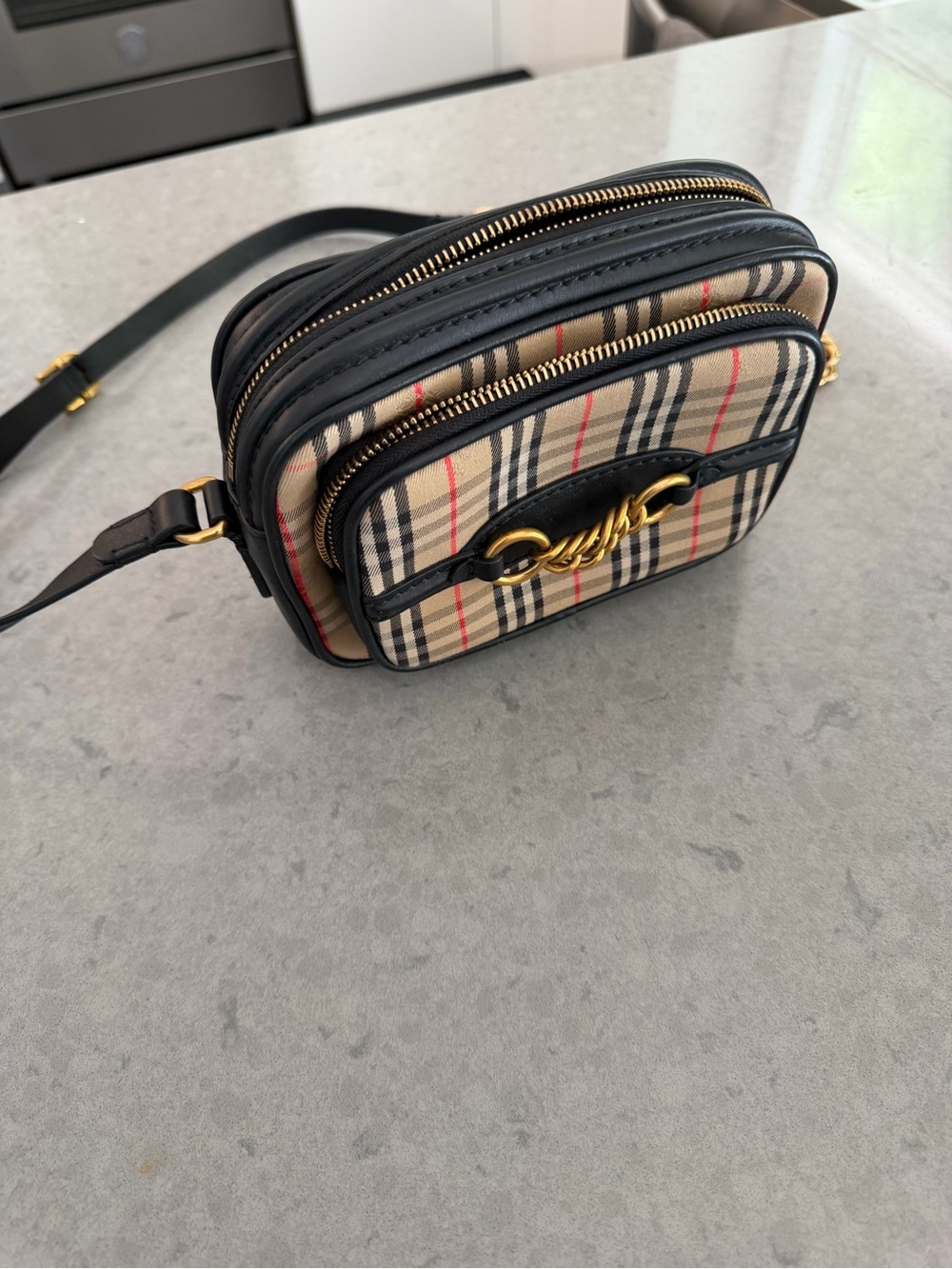 Burberry Beige Nova Check Crossbody with Black Trim and Gold Hardware